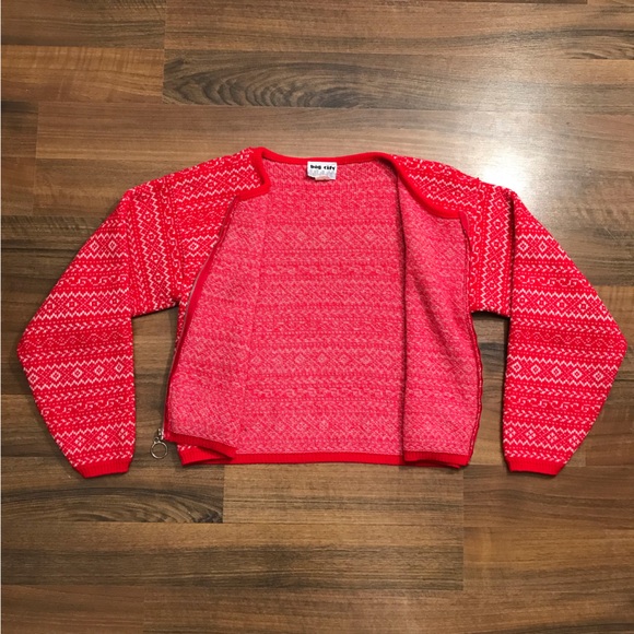 Vintage knit zip up crewneck sweater bright red white semi cropped Big City - Picture 3 of 8